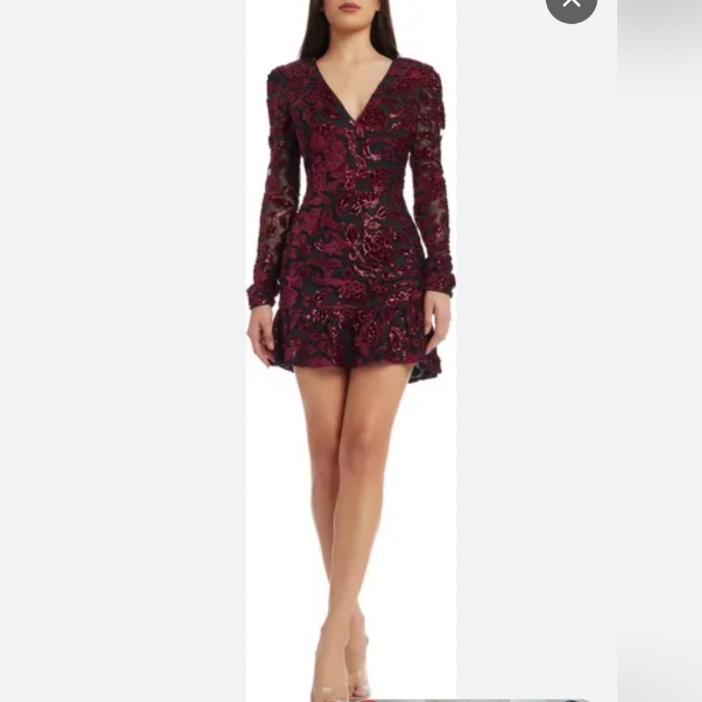 DRESS THE POPULATION KELLEY SEQUIN FLORAL LONG SLEEVE MINI DRESS